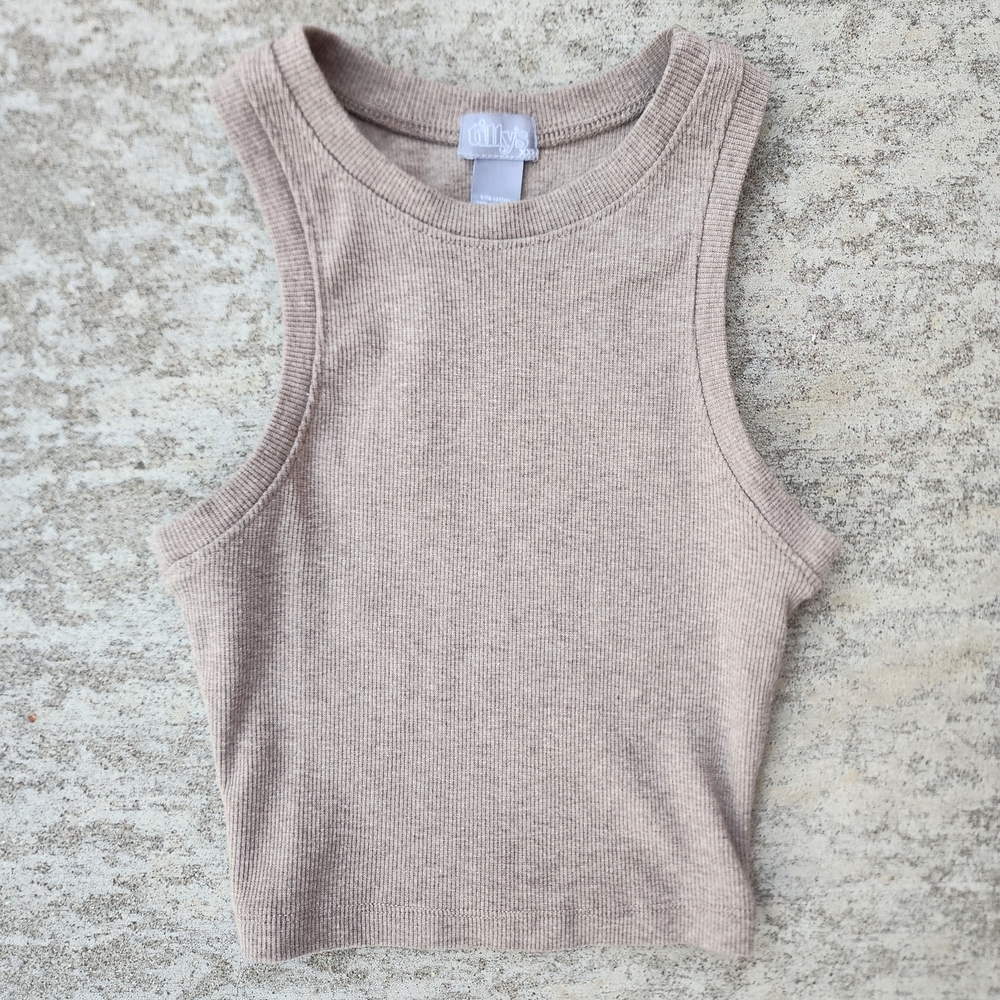 Tilly's Taupe Ribbed Croped High Neck Tank Top, Sz XXS